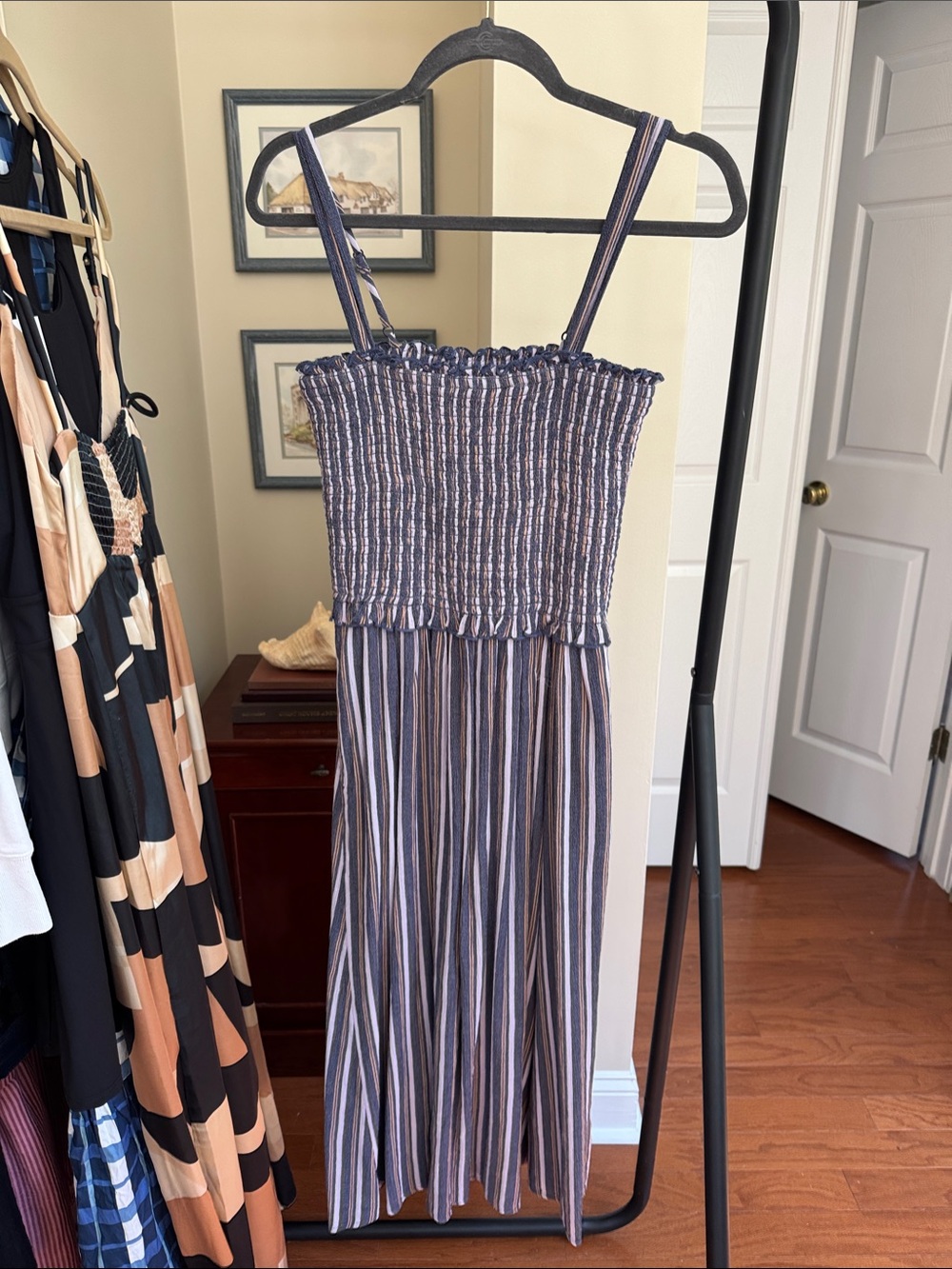 Aerie Striped Smocked Midi Sundress with pockets in Navy and White